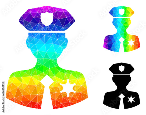 Low-poly police patrolman icon with rainbow gradient. Rainbow colorful polygonal police patrolman vector is combined with randomized colorful triangles.