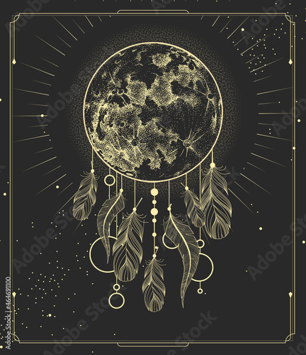 Modern magic witchcraft card with dream Catcher and full realistic moon. Vector illustration