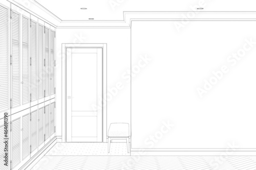 Sketch of the entrance hall with a blank wall, a pouf near the front door, a wardrobe, parquet flooring, recessed lights in the white ceiling. 3d render