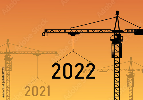 The 2021 Year forward to 2022 Year Happy new Year construction site crane vector illustration on sunset background. The concept for New Year 2022 and vision business