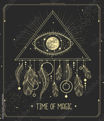 Modern magic witchcraft card with dream Catcher and eye in triangle. Vector illustration