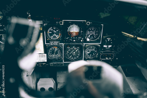 Vintage airplane dashboard contain the standard indicator for control the airplane inflight photo