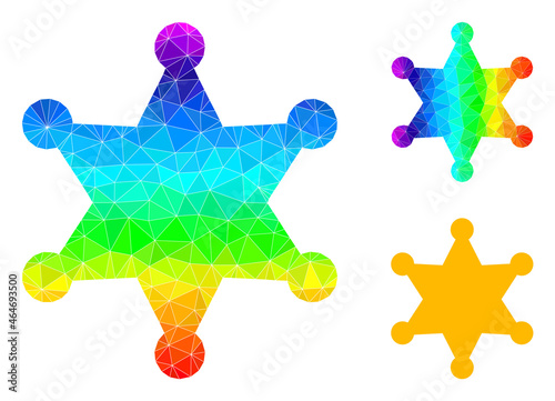 lowpoly sheriff star icon with spectral colored. Spectral colorful polygonal sheriff star vector is combined with randomized vibrant triangles.