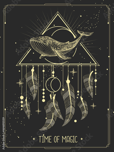 Modern magic witchcraft card with dream Catcher and whale with crescent. Vector illustration