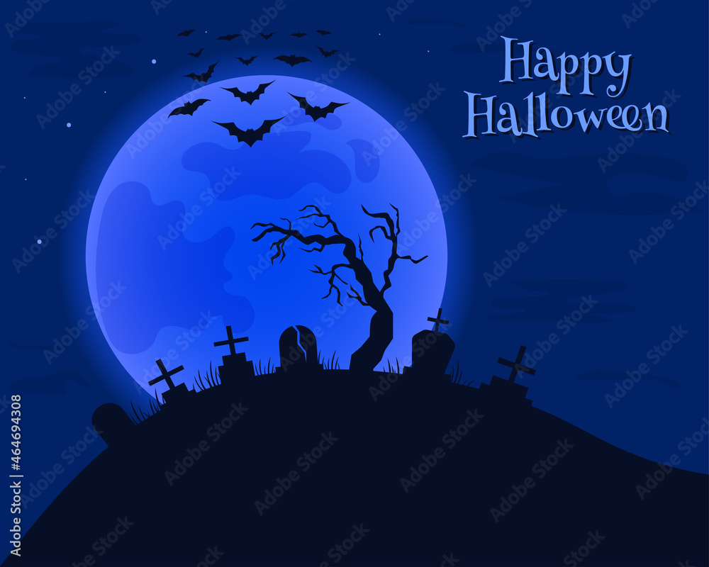 Halloween night cemetery lit by the full moon vector illustration