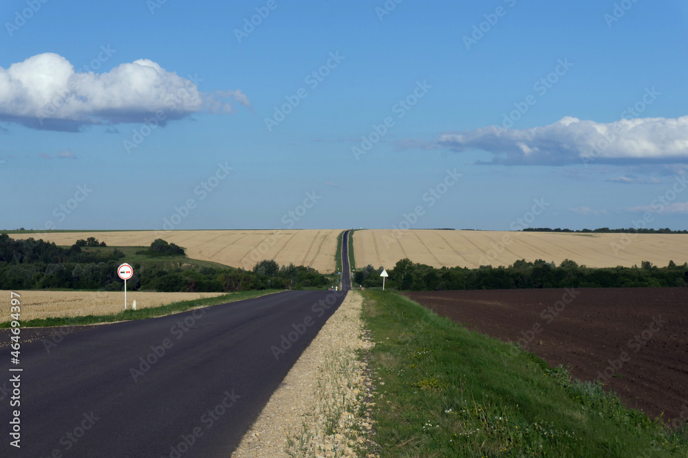 An asphalt road runs through the fields.