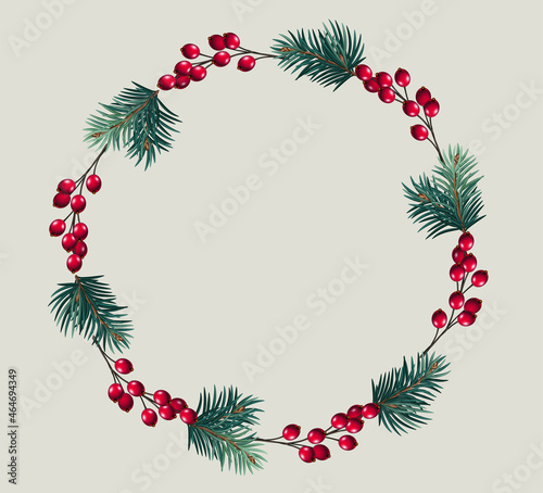 Fototapeta Naklejka Na Ścianę i Meble -  Vector Christmas round frame with pine tree branches, cones and red berries. Christmas decoration concept