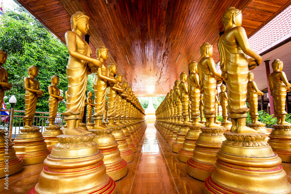 Fototapeta premium Several Buddha images in the posture of giving alms lined up on a pavilion at Wat Nakhon Chum Yai, Ratchaburi Province, Thailand.
