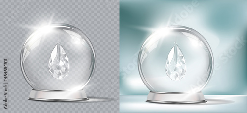 Vector realistic transparent Christmas globe on a light abstract background. Christmas decoration.  Glass sphere and sparkling translucent crystals