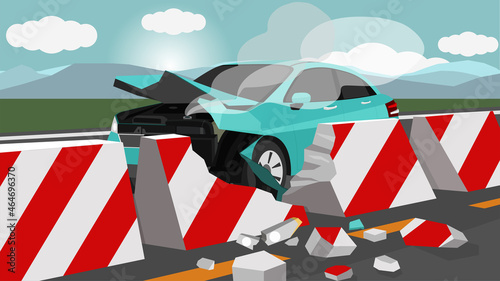 Accident of sedan car blue color crashes into a broken barrier bar. on the side of the asphalt road. The bonnet was opened and a cloud of smoke came out.