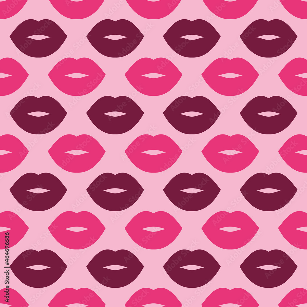 Fototapeta premium Lips. Seamless bright vector pattern with pink and burgundy lips on a light pink background. Fashion pop art background. For modern original designs, prints, textiles, fabrics, wallpapers, packige.