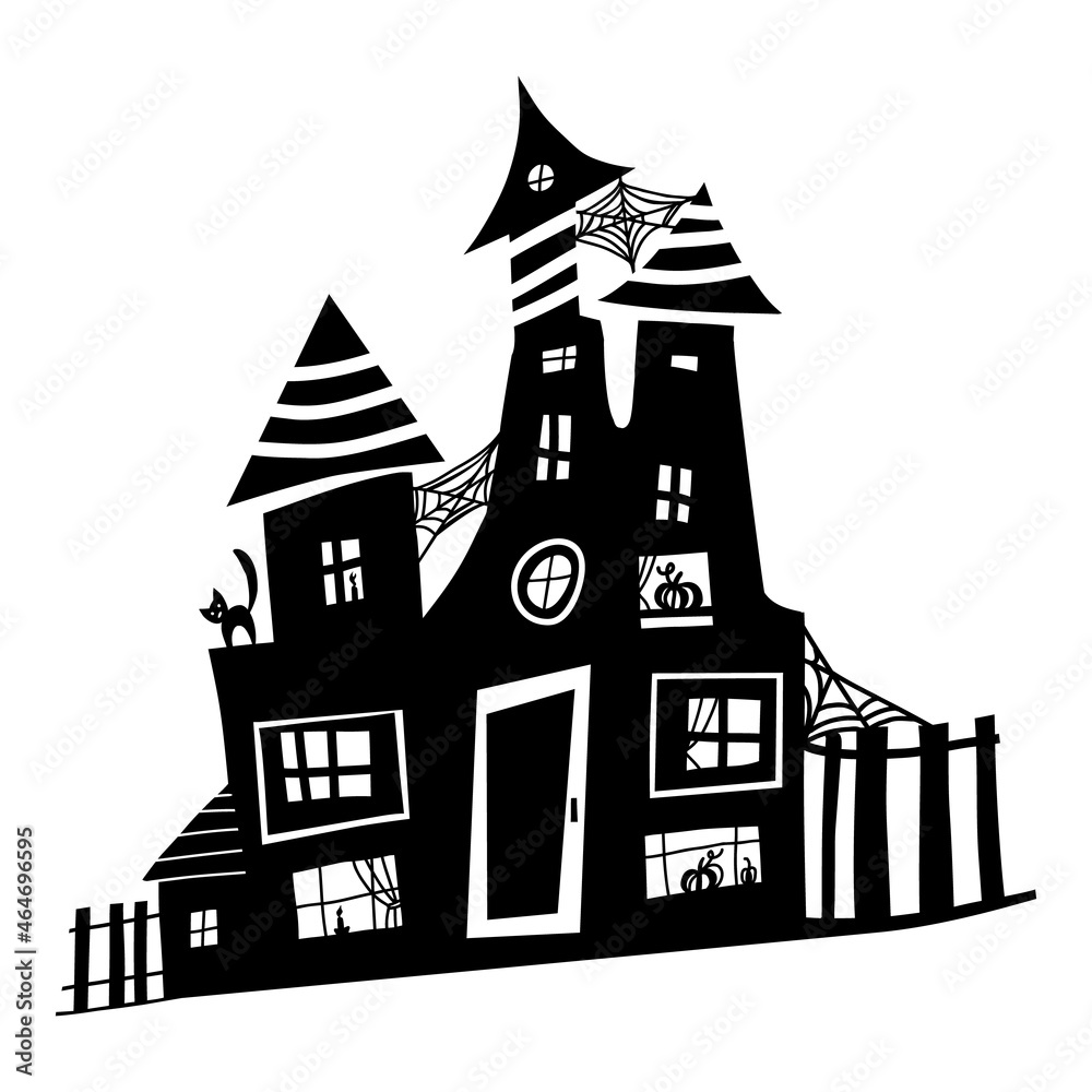Black doodle Halloween vector design with a cute witch's house. Illustration for kids, celebration, web, print, etc. 