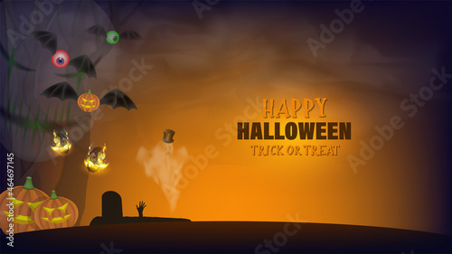 Bright festive poster, Happy Halloween, trick or treat. A grave, flying eyes and a pumpkin, burning skulls and a ghost in a hat. Orange foggy smoky background