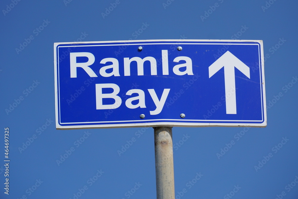 Road sign to the famous Ramla Bay on the Island of Gozo, Malta Road sign to the famous Ramla Bay on the Island of Gozo, Malta