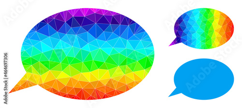 Low-poly message cloud icon with spectrum gradient. Spectrum colorful polygonal message cloud vector is combined from scattered vibrant triangles.