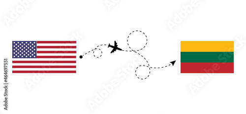 Flight and travel from USA to Lithuania by passenger airplane Travel concept
