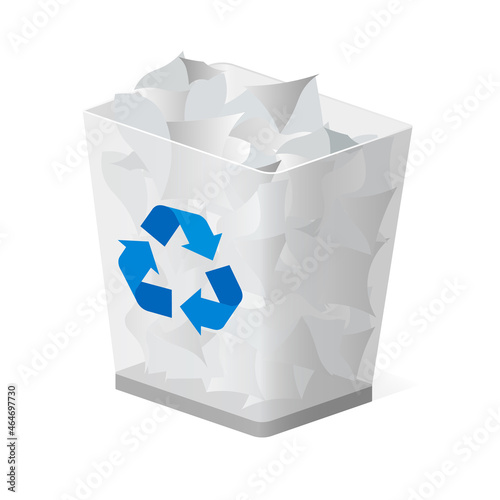 Trash bin or basket with rubbish icon with recycle sign isolated on white background