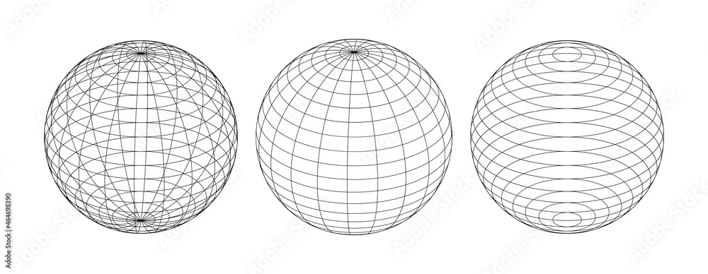 Set of 3d vector spheres from different sides. Horizontal and vertical lines, latitude and longitude Set of 3d vector spheres from different sides. Horizontal and vertical lines, latitude and longitude