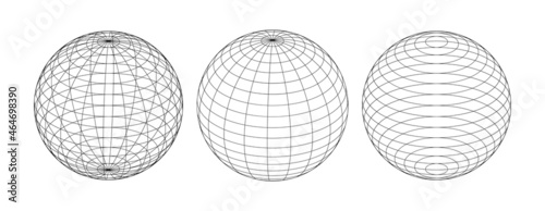 Set of 3d vector spheres from different sides. Horizontal and vertical lines, latitude and longitude photo