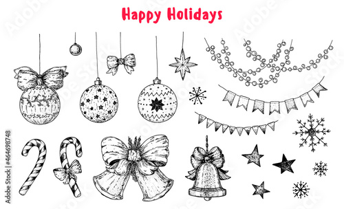 Christmas bells, lollipop stick, holiday garlands, Christmas balls toys, snowflakes. Hand drawn sketch. Vector illustration.
