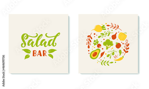 Salad bar handwritten text with vegetables. Hand lettering typography. Modern brush calligraphy for salad bar  vegan menu  poster  card  banner. Vector doodle illustration isolated on white background