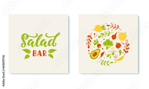 Salad bar handwritten text with vegetables. Hand lettering typography. Modern brush calligraphy for salad bar, vegan menu, poster, card, banner. Vector doodle illustration isolated on white background