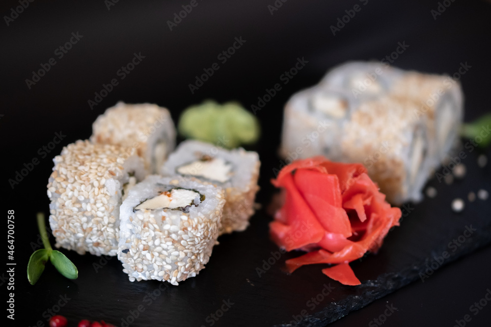 A traditional Japanese dish based on seafood. Sushi. A traditional Japanese dish based on seafood. Sushi.
