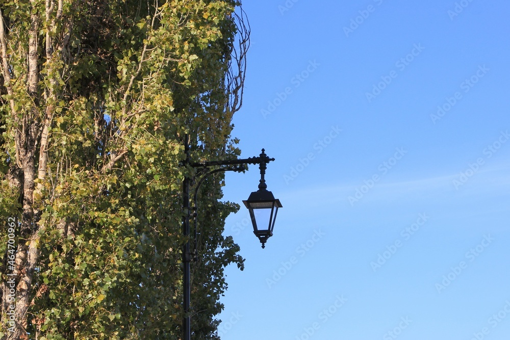 a lamppost with a lantern standing in the shade of trees