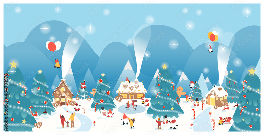 Panoramic vector illustration of winter wonderland background.The cute Fantacy gingerbread house with candy cane,sugar flake,gnome,bigfoot with the visitor.Concept of happy joyful Christmas. 