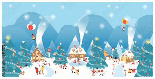 Panoramic vector illustration of winter wonderland background.The cute Fantacy gingerbread house with candy cane,sugar flake,gnome,bigfoot with the visitor.Concept of happy joyful Christmas.  © Paansaeng