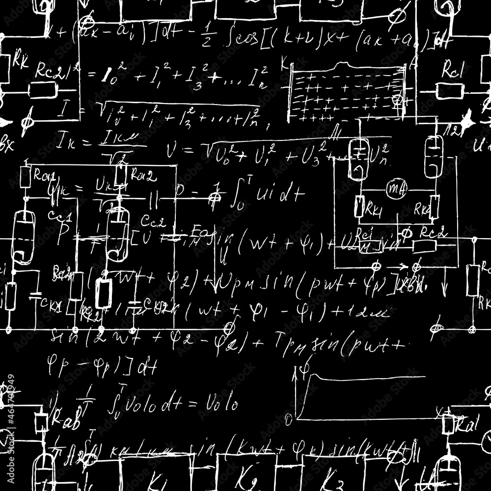 Scientific seamless texture with handwritten formulas and electronic components. Drawing of various graph solutions on chalk boards. Physics and schematic diagram and circuit of  the devices. Vector.