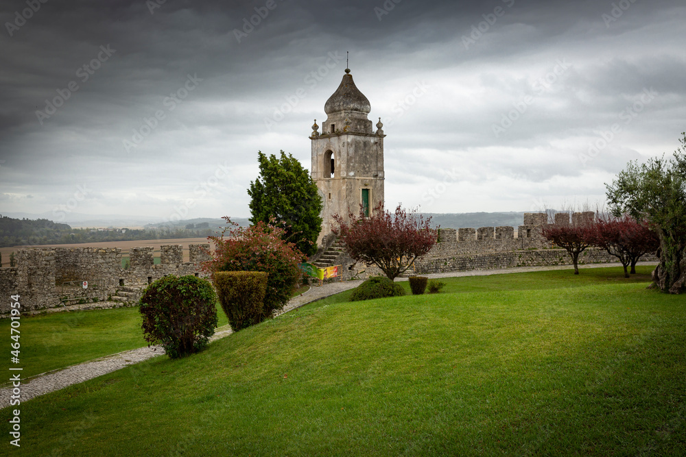 clock tower on the castle wall of Montemor-o-Velho, district of Coimbra, Beira Litoral province, Portugal