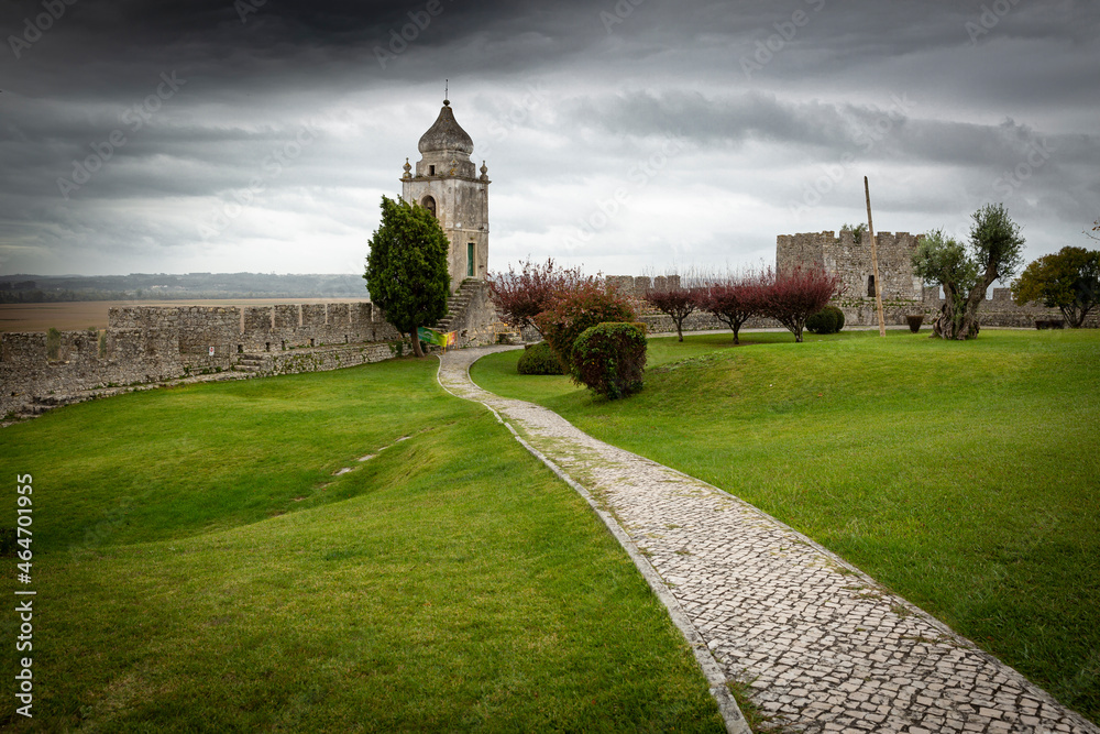 clock tower on the castle wall of Montemor-o-Velho, district of Coimbra, Beira Litoral province, Portugal