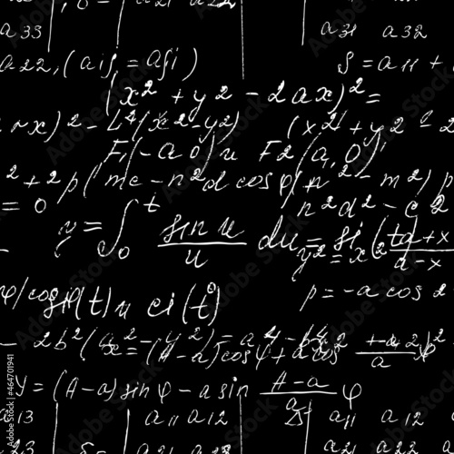 Seamless math black board with handwritten mathematical and physics formulas and proves. Vector