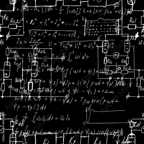 Scientific seamless texture with handwritten formulas and electronic components. Drawing of various graph solutions on chalk boards. Physics and schematic diagram and circuit of  the devices. Vector.