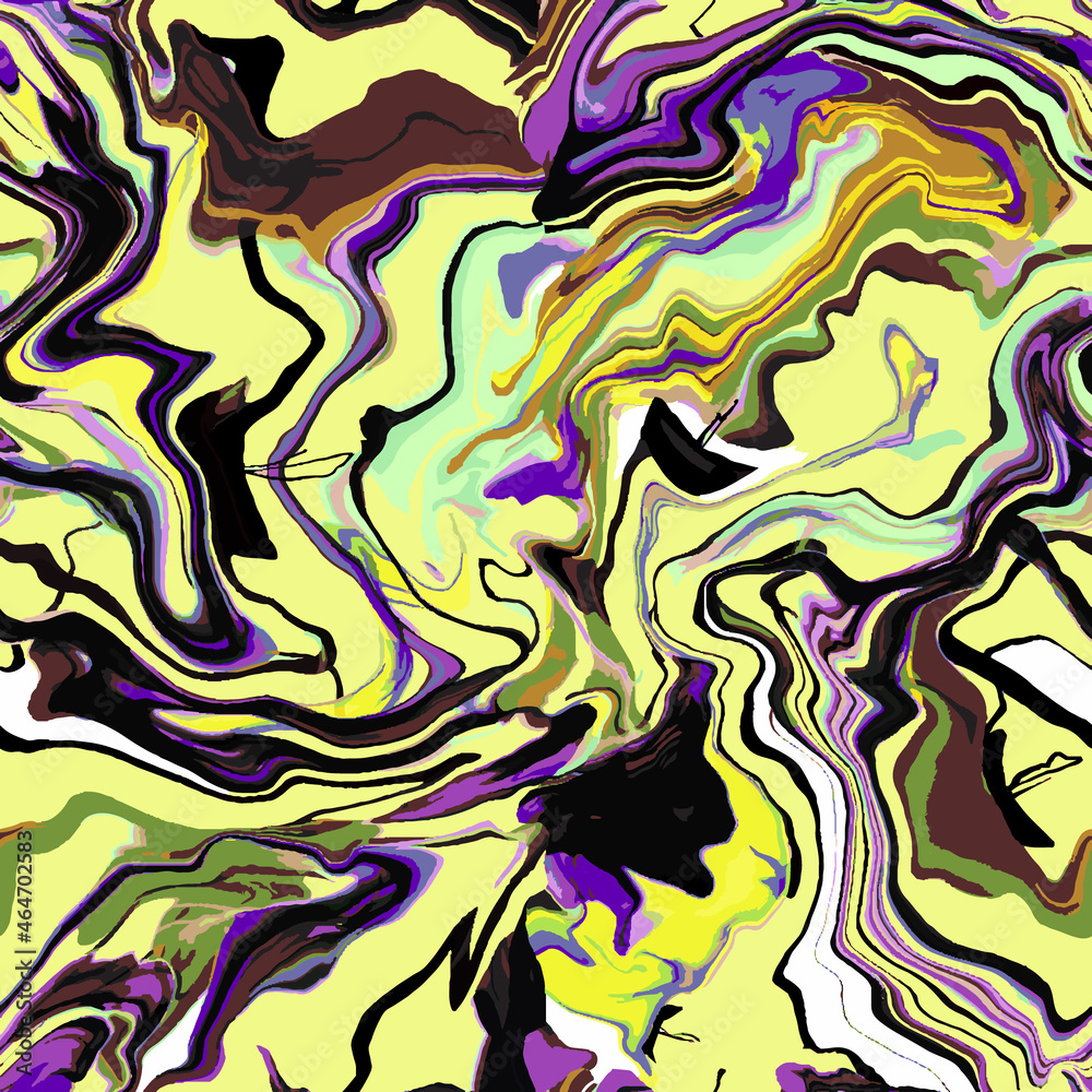 Marble texture seamless pattern. Yellow, purple, black, green abstract background. Seamless liquid fluid. Ebru style effect. Aqua ink print .Vector