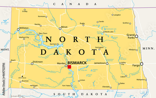 North Dakota, ND, political map, with capital Bismarck. State in the upper Midwest subregion of the United States of America, nicknamed Peace Garden State, Roughrider State and Heaven on Earth. Vector