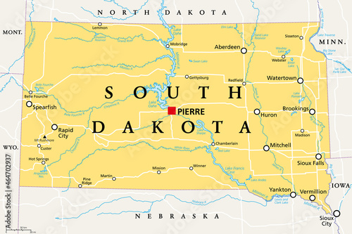 South Dakota, SD, political map, with capital Pierre, and largest city Sioux Falls. State in the upper Midwestern subregion of the United States of America, nicknamed The Mount Rushmore State. Vector. photo
