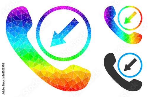 Low-poly incoming call icon with spectral colorful. Rainbow vibrant polygonal incoming call vector is designed with scattered colorful triangles.