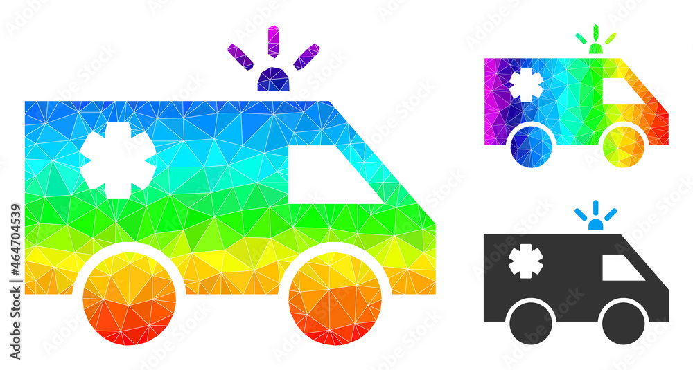 lowpoly emergency car icon with rainbow colorful. Spectrum colored polygonal emergency car vector is filled with scattered colored triangles.