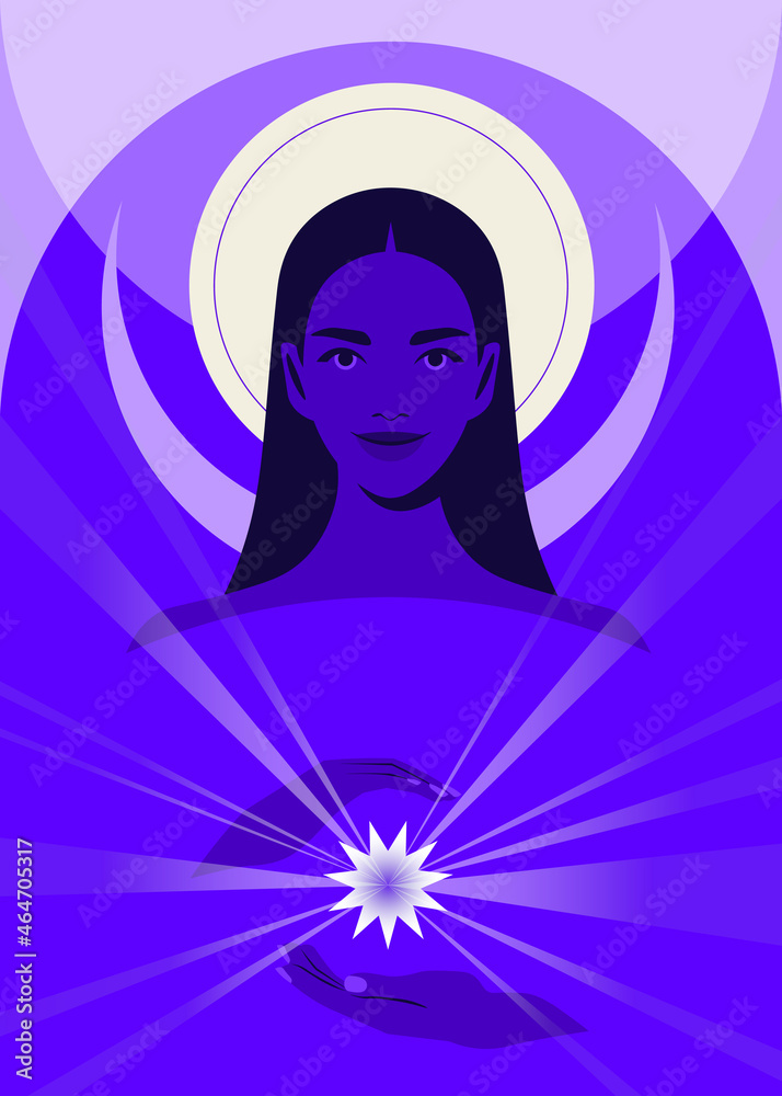 Portrait of a mysterious woman with magic crystal. A young witch. Halloween. Vector flat illustration