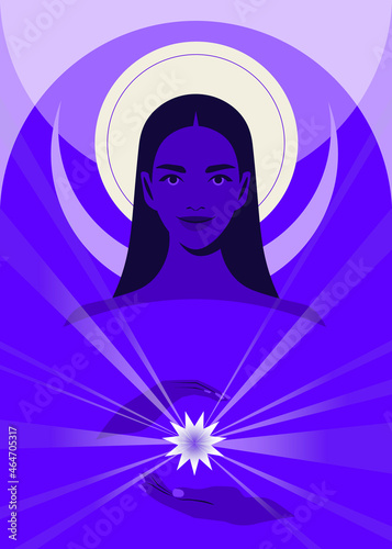 Portrait of a mysterious woman with magic crystal. A young witch. Halloween. Vector flat illustration