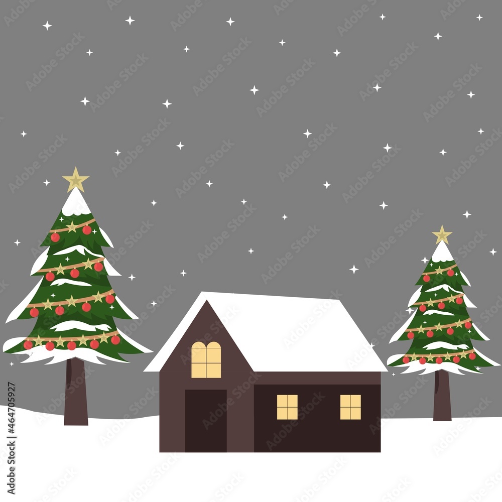 Christmas tree, snowfall, old house. Winter Christmas celebration. Vector illustration