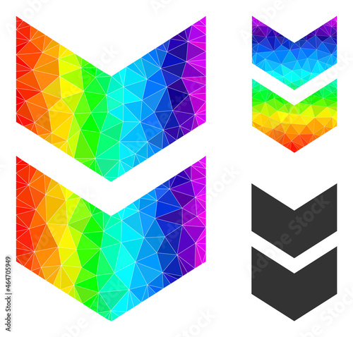 lowpoly shift down icon with spectrum colorful. Spectrum colorful polygonal shift down vector filled from randomized colorful triangles.