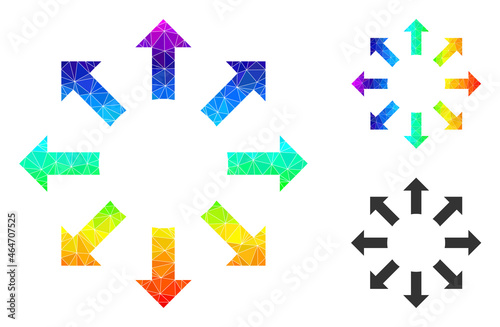 Low-poly expand arrows icon with spectral gradient. Spectrum colorful polygonal expand arrows vector is constructed with chaotic vibrant triangles.