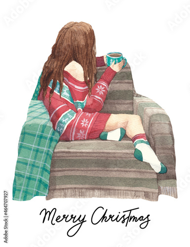 A young girl with a mug in her hand sitting in a cozy chair. Cute girl in the red Christmas sweater with the Scandinavian drawing. Waiting for a magical Christmas. Watercolor new year and christmas.