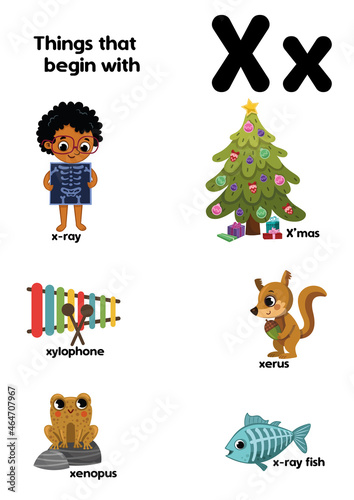 Things that start with the letter X. Educational, vector illustration for children.
