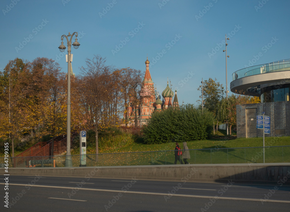 View of Zaryadye park and St. Basil's Cathedral in Moscow on a sunny autumn morning