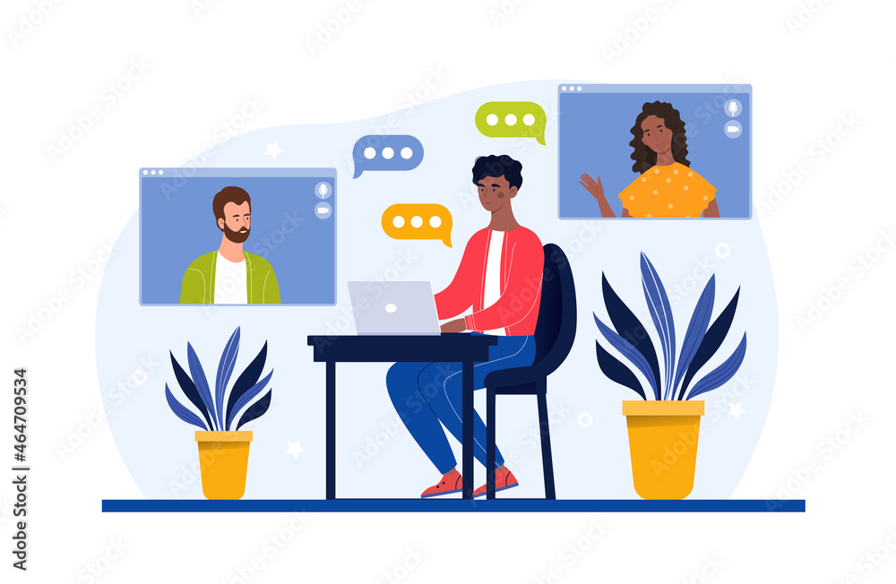 Video conference concept. Man sitting at laptop and discussing details of project with partners. Online meeting with employees or remote work. Work from home. Cartoon flat vector illustration