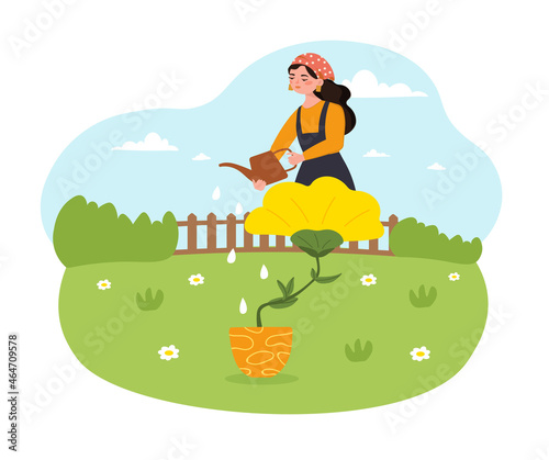 Concept of love yourself and healthy lifestyle. Woman sits on flower and waters it. Metaphor for development  growth and self care. Happy smiling female character. Cartoon flat vector illustration